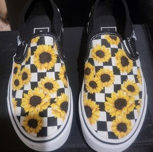 Vans Black and White Sunflower Slip-Ons